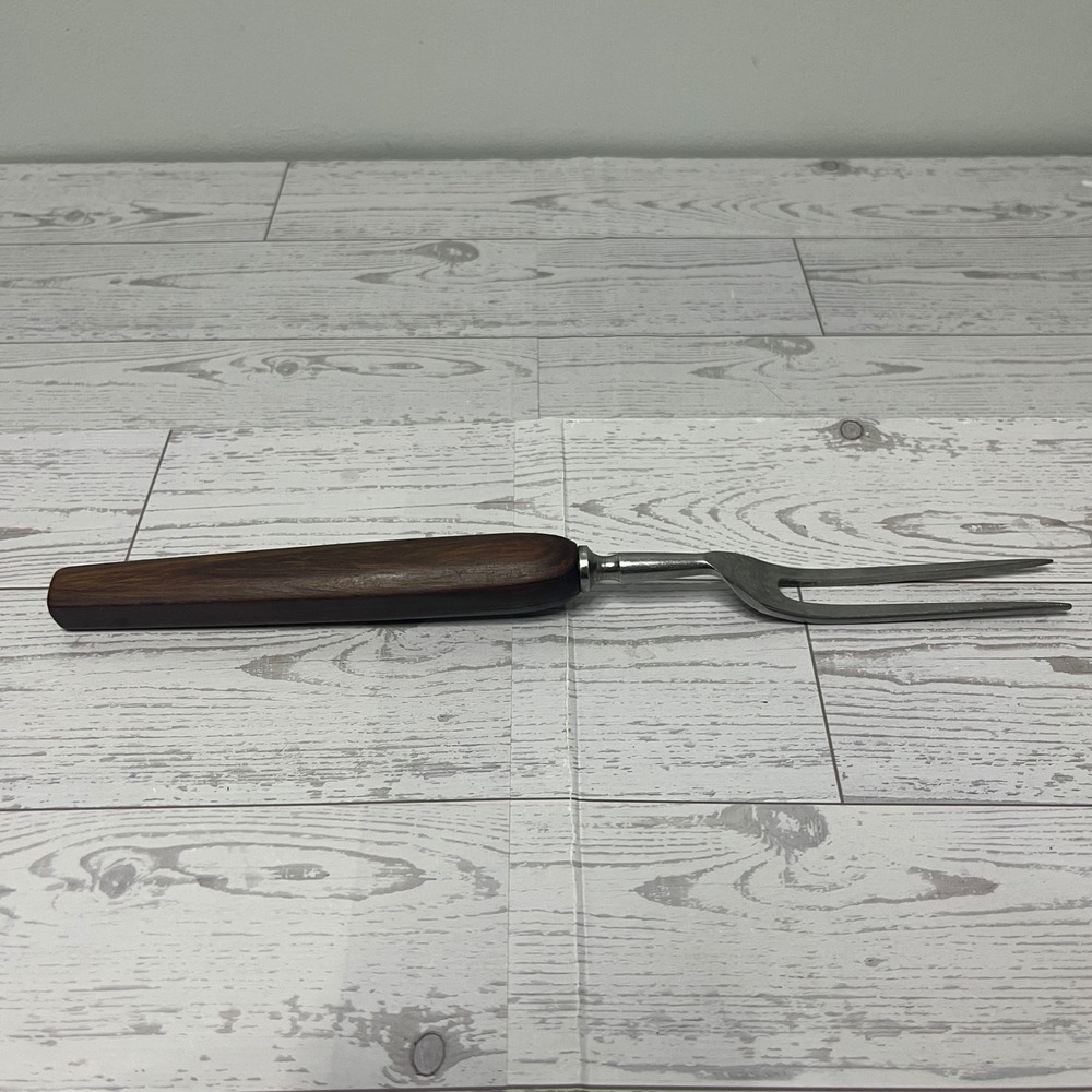 Vintage Stainless Steel Meat Carving Fork Wood Handle Made in USA MCM Kitchen